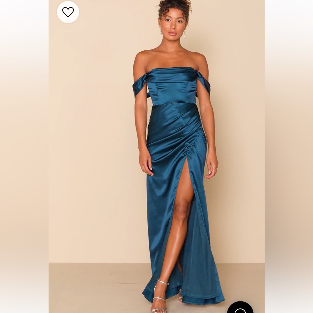 Teal satin off the shoulder maxi dress with high slit - Lulus